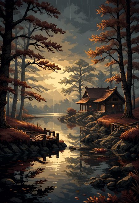 score_9, score_8_up, score_7_up, pixel art, 
Japanese scenery, autumn, rain, wind, lake, reflections, gates, 
god rays,
in the style of a vintage, high-contrast setting, dark and mysterious atmosphere, Resplendent spotlighting, Emphasize theatrical elements with bursts of bright colors against dark, moody backgrounds,
hyper-detailed, scifi, dramatic light,
yamer_pixel_fusion, 
d3p1x3l, pixel art,