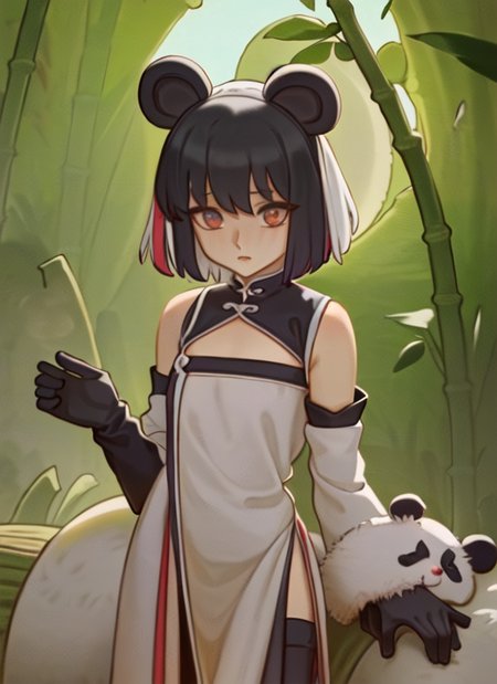 ((best quality)), ((highly detailed)), masterpiece, ((official art)), (detailed eyes, deep eyes), (1girl:1.33, solo), ((panda girl)), (panda ears), fluffy, (multicolored hair, black hair, white hair), (black eye mask), short hair, chinese_dress, pelvic curtain, (monster girl), bamboo, <lora:bartolomeobariStyle_v10:.9>, bartolomeobari