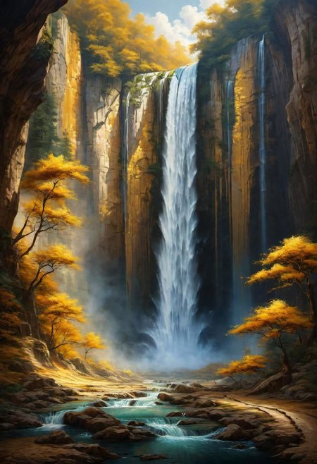 a landscape of a waterfall with gold water,
 masterpiece, highly detailed,
EdobHorrorLandscape,