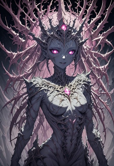 cthulhu, fractal skin, Sexy woman with gold and porcelain white mechanical body, glowing pink eyes, glowing pink skin, cinematic photography, golden cobweb, majestic, awesome, inspiring, closeup, smooth, atmospheric haze, cinamatic composition, soft shadows, national geographic style, golden glow, extremely detailed
