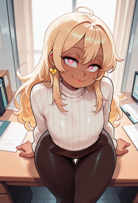 masterpiece, best quality, newest, absurdres, highres, ppka, 1girl,  slender female, blonde hair, sidelocks, pretty eyes, seductive,sultry, looking at viewer, white blonde hair, thick thighs,  ,petite, tight, firm, blonde bimbo, dark skin, 1girl, shortstack, white turtleneck sweater, upright back, straight back, in love, hearts, , office, boss office, ((seductive)), ,, smile, , submissive slut,, ,waist, thick outline, black outline, lips, , , slutty, ,, curves, ,, ,, heart pupils,, , slender waist, 18 year old, , slim, shortstack,,smallstack, black leggings, gold jewelry, earrings , professional, bent over desk,, thigh gap,