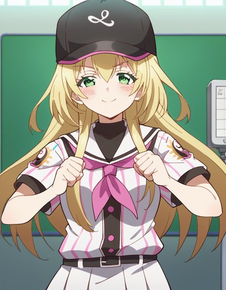 score_9, score_8_up, score_7_up, source_anime, <lora:yuki-nozaki-s1-ponyxl-lora-nochekaiser:1>, yuki nozaki, long hair, blonde hair, hair between eyes, green eyes, sidelocks,, skirt, shirt, hat, short sleeves, pleated skirt, striped, belt, sailor collar, neckerchief, black headwear, white skirt, baseball cap, vertical stripes, black belt, striped shirt, sportswear, vertical-striped shirt, baseball uniform,, laboratory, beakers, microscope, scientist, experiments, , <lora:shikairo-days-dance-ponyxl-lora-nochekaiser:1>, shikairo days dance, shikairo days dance (meme), dancing, meme, closed eyes, clenched hands, glowsticks, blush, smile,, looking at viewer, solo,, dutch angle, cowboy shot