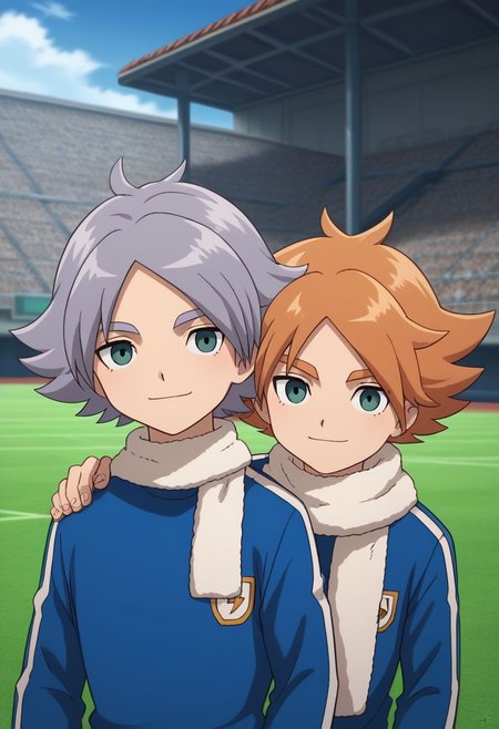 score_9, score_8_up, source_anime, highly detailed, 2boys, male_focus, slender, skinny, upper body,
aiden, 1boy, male focus, scarf, sportswear, orange hair, white scarf, soccer uniform, long sleeves, white shirt,
fubuki2, 1boy, male focus, 1boy,  grey hair, soccer uniform, long sleeves, white shirt
outdoor, soccer field, smile, bench, sit, hands on shoulders, siblings, brothers,