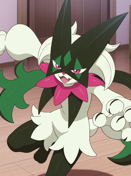 masterpiece, best quality, amazing quality, very aesthetic, absurdres, newest,  anime screenshot anime coloring, <lora:MeowscaradaIllust:1>masquernyaillust, pokemon (creature), furry, solo, no humans, smile, pink eyes  standing,  open mouth,   fangs happy  fighting stance,