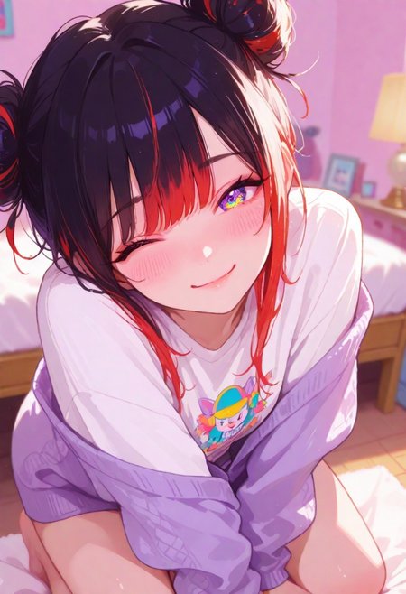 Flat colors, high detailed, high quality, masterpiece, best quality, very awa, absurdres, detailed eyes, detailed face, detailed skin, simple background, BREAK
(colourful:1.3), (cute character:1.5), 1girl, 25 years old, perfect face, adult, detailed face, kneeling, wink, depth of field, looking at viewer, blush, shy smile, (close up), multicolored hair, black hair, red hair, hair bun, double bun, messy hair, white shirt, purple cardigan, off shoulder, bedroom, detailed background, soft pastel colours, warm and sunny atmosphere,
748cmstyle, artist:moriimee