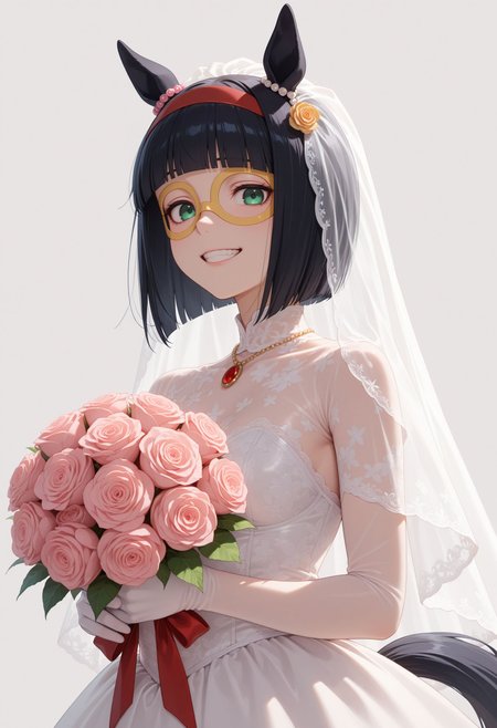 masterpiece, best quality, amazing quality, very awa,absurdres,newest,very aesthetic, looking at viewer,
 <lora:Mini the Lady noob:0.9> 1girl, girls, short hair, bob cut, blunt bangs, black hair, red hairband, animal ears, horse girl, horse tail, green eyes, teeth, ear ornament, yellow glasses, 
TB_wedding_dress, TB_hair_ornament, TB_bridal_veil, TB_gloves BREAK, ((white background)), looking at viewer, smile,upper body, holding bouquet