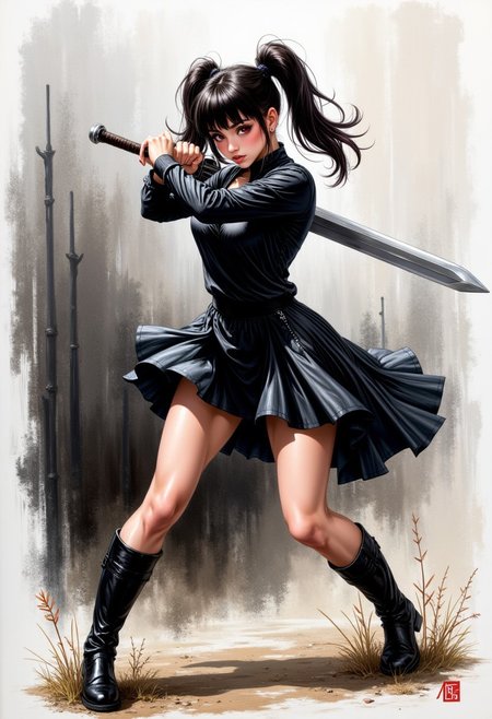 an ink wash painting, semi-realistic style, depicting a young woman in a dynamic pose, she is depicted in a powerful stance, holding a large, silver sword with both hands, ready to strike, her dark hair is styled in two high ponytails, with bangs framing her face, and she has striking red eyes, her attire consists of a black, long-sleeved top with a v-neck, and a short, pleated black skirt that is lifted to reveal her bare legs, she wears black knee-high boots, the background is a mix of dark and light grey tones, with abstract, abstract brushstrokes that create a sense of movement and depth, the texture of the painting is smooth, with bold lines and shading, enhancing the dynamic and intense nature of the scene,  the overall mood is intense and dynamic, with a strong emphasis on the character's strength and readiness