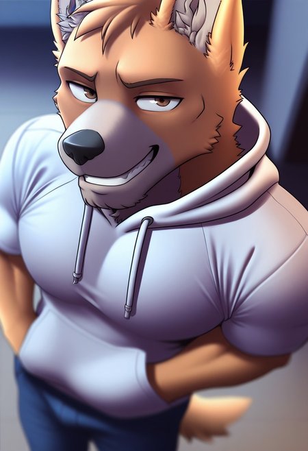 <lora:CaneStN:1>, Cane_(Flicklock), spitzen dog, tan fur, brown eyes, perfecteyes, furry male, furry, 1boy, solo, muscular, athletic build, large pectorals, beautiful amazing quality, hyper-detailed, highres, depth of field, very aesthetic, vibrant colors, high sharpness, cell shaded, photorealism, photorealistic, dynamic angle, cinematic lighting, detailed background, standing, white hoodie, jeans,  from above, close up, hands in pockets, grin