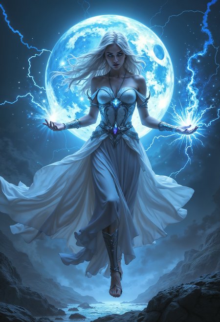 hyperrealism, high quality, 8K Ultra HD, dungeons and dragons art, fantasy art, fantasy illustration, full body, Mystra The Mother of all Magic, elf Goddess of Magic, silver hair glowing with magic, divine, powerful magic in the background, aura of blue-white light, storm moon, lightning magic splash, magical background, casting a spell, Magic Circle, dynamic pose, hovering, perfect anatomy, approaching perfection, dynamic, highly detailed, smooth, sharp focus, art by Carne Griffiths and Wadim Kashin, trending on artstation, sharp focus, intricate details, highly detailed, by greg rutkowski, mysterious, epic, cinematic, digital art, 4k
