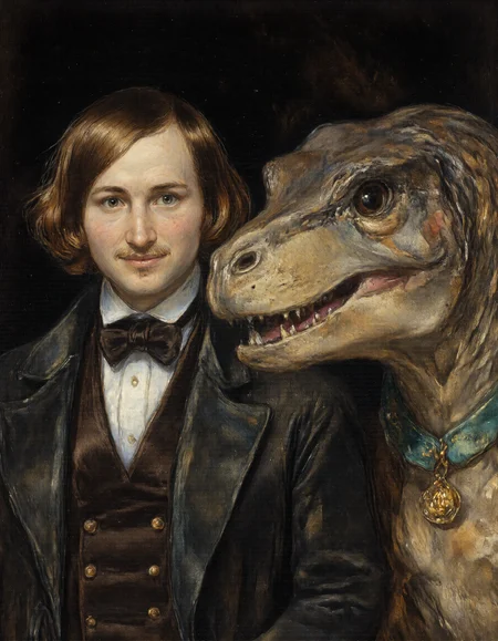 Rembrandt style raw 8k photo, The image is a high-resolution photograph featuring a man and a veloceraptor against a solid black background. The old man, positioned slightly to the left, has medium-length, tousled brown hair . He is wearing a fitted, 19th century suit that contrasts with his fair skin. His expression is calm and slightly contemplative, with a direct gaze looking slightly off-camera to the right., 
The veloceraptor, positioned to the right of the man, is a large, muscular breed with a rich, dark brown coat. The veloceraptor has a serious, attentive expression, with its dark eyes focused on the camera. Around theveloceraptor's neck is a teal collar with a diamond-shaped tag  in gold, 
The lighting in the photograph is soft but focused, highlighting the man's features and the veloceraptor's skin, creating a warm and inviting atmosphere. The overall composition of the image is intimate and close-up, emphasizing the bond between the man and the veloceraptor The black background ensures that the subjects are the focal point of the photograph., <lora:Dark_Ghibli:0.8>, <lora:Cartoon_Sheva:0.8>, <lora:Watercolor_painting_v2:0.3>, watercolor painting, <lora:GOGOL:1> . Baroque, chiaroscuro, realistic, emotional, "flat lighting