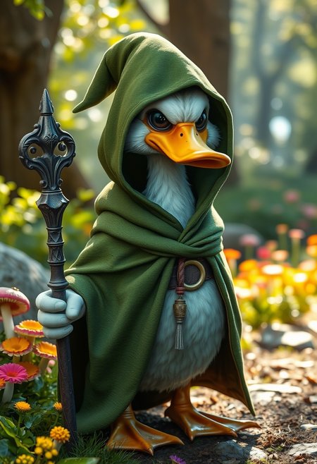 a hyper-realistic, professional-quality photograph of a  highly detailed and realistic fantasy scene featuring an anthropomorphic duck wizard. The character has a serious, determined expression, with sharp eyes, It is dressed in a green, hooded cloak that covers most of its body, giving it an air of mystery and stealth. The cloak has a textured, slightly worn appearance, indicating it has been through many adventures. The wizard holds an ornate staff confidently by its side, ready for battle. The background should suggest a lush, vibrant forest or woodland setting, with brightly coloured flowers and mushroom, with dappled sunlight filtering through the trees and casting soft shadows on the ground. The overall atmosphere should convey a sense of readiness and bravery, as the duck wizard stands poised for its next quest. The scene should be vibrant and full of life, with realistic textures and lighting that bring the character and its environment to life, blending charm with an adventurous spirit.., lifelike quality