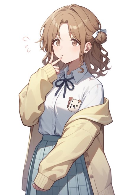 score_9,score_8_up,score_7_up,<lora:idolmaster_shiny_colors:1>,Ichikawa Hinana,single side bun,single hair bun,long brown hair,brown eyes,hair ribbon,Open cardigan, yellow cardigan, sleeves past wrists, white shirt, pleated plaid miniskirt