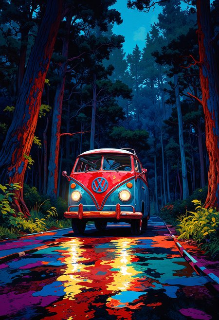 Painting, A classic Volkswagen van driving through a dark night on a road surrounded by forest, colorful, vibrant glow