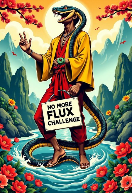 prtstCE style A colorful Japanese print showcases a striking anthropomorphic rastafari snake, boldly holding a protest sign reading "No More FLUX Challenge," set against serene Chinese landscapes of rich greens and misty blues, evoking tranquility and harmony.  Stationary background