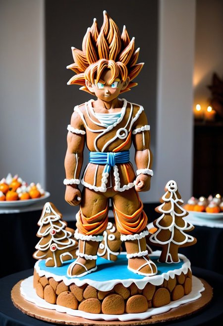 Goku from dragon ball Z made of gingerbread,   <lora:GingerbreadStyle_epoch_10:0.7>, centerpiece, at a party, people admiring the decor,