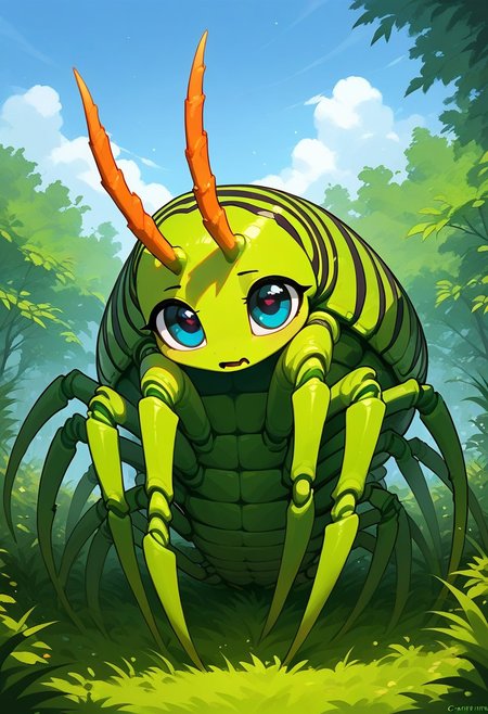 score_9, score_8_up, score_7_up, score_6_up, score_5_up, score_4_up, Expressiveh, (feral insect girl, feral caterpillar girl:1.2), full body shot, rearing up, perky breasts, green caterpillar, open mouth, cute, petite, (arms down at sides), single orange horn, (two-pronged horn), green body, leaves, looking at viewer, ((crawling, slithering, many legs:1.2), giant eyes, big bulbous head, long body, centipede legs:1.3), outdoors, blue sky, sunny day, black stripes