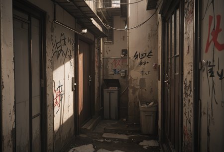 ,ruanyi1205,outdoors,dirty,alley,door,graffiti,<lora:1205 Old-time Hong Kong alley_v1_pony:1>, score_9, score_8_up, score_7_up, score_6_up, score_9, score_8_up, score_7_up, score_6_up source_anime, blush, 1girl, seduce smile, perfect body , natural huge breasts