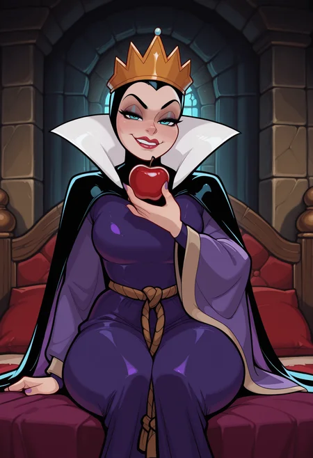 masterpiece, best quality, amazing quality, necrodancerStyle  <lora:necrodancerStyle_illustrious_byJaneB:1>,
evilq33n, <lora:evilQueenIllustrious:1> cape, purple dress, crown, rope belt, bedroom, seductive smile, come hither, holding a red apple, sitting,