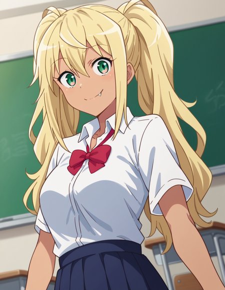 score_9, score_8_up, score_7_up, source_anime,
hibikisakura, <lora:hibiki-sakura-s1-ponyxl-lora-nochekaiser:1>
hibiki sakura, long hair, blonde hair, hair between eyes, twintails, green eyes, fang, dark skin, dark-skinned female, gyaru, mature female,
skirt, shirt, bow, school uniform, white shirt, short sleeves, collared shirt, bowtie, red bow, red bowtie,
indoors, classroom, smile,
looking at viewer, dutch angle, cowboy shot