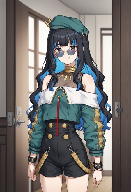 1girl, asc2, long hair, multicolored hair, black hair, sidelocks, colored inner hair, blue hair, wavy hair, eyeliner, makeup, jewelry, beret, o-ring, hat, neck ring, black shorts, buttons, double-breasted, sunglasses, round eyewear, bracelet, green headwear, bare shoulders, green jacket, off shoulder, zipper. standing, closing door, evl smile, indoors, bedroom, cowboy shot <lora:Tenochtitlan (city):0.8>, score_9, score_8_up, score_7_up, score_6_up, score_5_up, score_4_up, BREAK source_anime, masterpiece