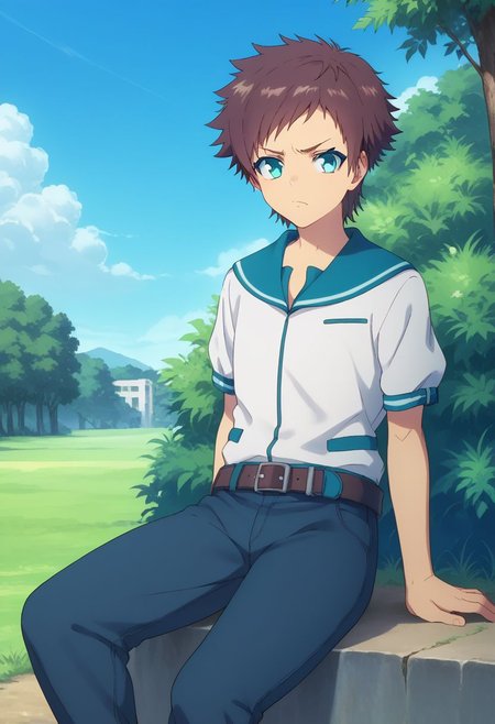 score_9, score_8_up, score_7_up, source_anime, highly detailed, 
hikari, solo, 1boy, male focus, brown hair, blue eyes, school uniform, belt, pants, shoes, frown,
outdoor, sky, tree, sit,