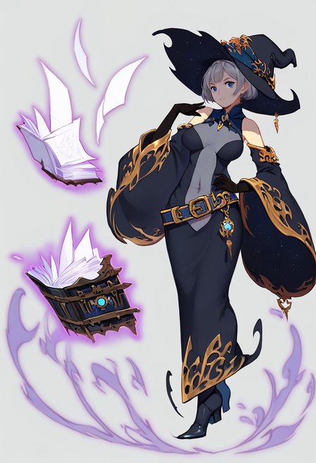 1girl, blue eyes, solo, book, witch hat, hat, floating book, gloves, witch, breasts, simple background, floating object, high heels, wide sleeves, covered navel, detached sleeves, grey hair, dress, full body, white background, short hair, black gloves, magic, floating, hand on hip, belt, bare shoulders <lora:solaXL_NBVP1_lokr_V6311P:0.95>