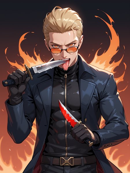 PonyScores7, source_anime, ah1, best quality, (masterpiece:1.4), (high quality:1.4), sharp focus, 4k, absurd resolution, <lora:albertwesker-guy-PONYv1:0.8> albertwesker, albert wesker, 1boy, blonde, black gloves, ((sunglasses)), belt, pants, black coat, black pants, looking at viewer, toned, athletic, fit, slicked back hair, black turtleneck, zipper, mature male, black boots, bad-hands-5, <lora:xl_more_art-full_v1:0.2>, glistening skin, <lora:aesthetic_anime_v1s:0.2>, <lora:Expressive_H:0.2> Expressiveh, <lora:hairdetailpxl:0.2> hairdetailpxl, <lora:EpicF4nta5yXL:0.2>, <lora:detailxl:0.2> detailxl, (focused, intense stare), slit pupils, short hair, (reddish orange eyes), best quality, amazing quality, best aesthetic, absurdres, <lora:eyedetailpxl:0.2> eyedetailpxl, illustration, Volumetric_Lighting, ultra-detailed, very aesthetic, intricate details, 8k, masterpiece, best_quality, disdain, looking at viewer, cold glare, <lora:blade lick:0.9>, (((holding_knife, knife, holding knife, holding weapon))), (((licking_blade, licking_weapon, licking knife, lick the blade with his tongue, knife on tongue))), tongue_out, saliva, saliva_trail, haughty,