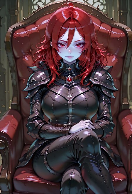 masterpiece, best quality, highres, absurdres, amazing quality, high resolution, 
Red Eyes, Red Hair, pale skin
Black Medieval Armor, leather straps
plush medieval seat, looking at viewer, sitting, crossed legs