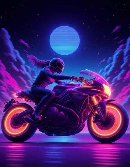 <lora:ck-Neon-Retrowave:1>, ck-nw, in the style of ck-nw, side view of a woman riding a motorcyle, at night, sundown and stary night in the background