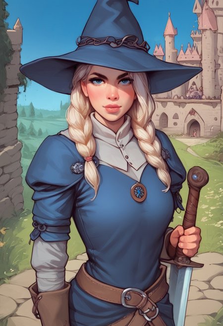 young woman, solo, Looking at viewer, Masterpiece a stunning female witch, ((full clothed witch outfit with armor, witch hat)), Blue eyes, long bob white hair with bangs, Dynamic action pose,
(Holding a huge sword:1.5)
Background: (Medieval castle, night sky: 1.9)
score_9, score_8_up, score_7_up, score_6_up, source_cartoon, rating_explicit, Expressiveh, (((((upper body))))), dynamic pose
 <lora:Dynamic Poses:1>
 <lora:detailed_notrigger:1>
(((full clothed)))
score_9, score_8_up, score_7_up, score_6_up, source_cartoon, rating_explicit, Expressiveh, (((((upper body, action pose))))), dynamic pose
