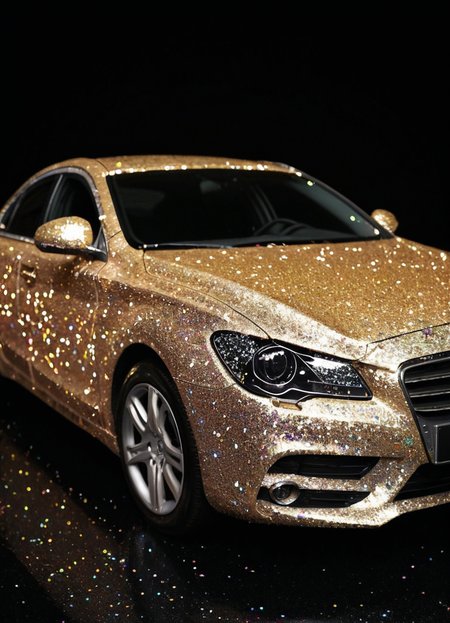 photo of a car with GlitterStyle, makeup, black background, 
 <lora:GlitterStyle_sdxl:0.8>