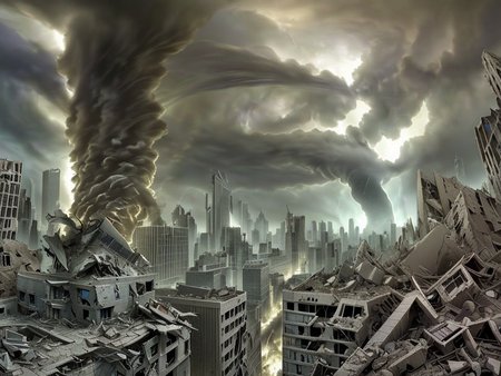 a detailed scaled (tornado raging over) a modern building in front of a (city in ruins:1.2).
 <lora:Wasteland:0.75> Wasteland, the, and, with, wasteland, background