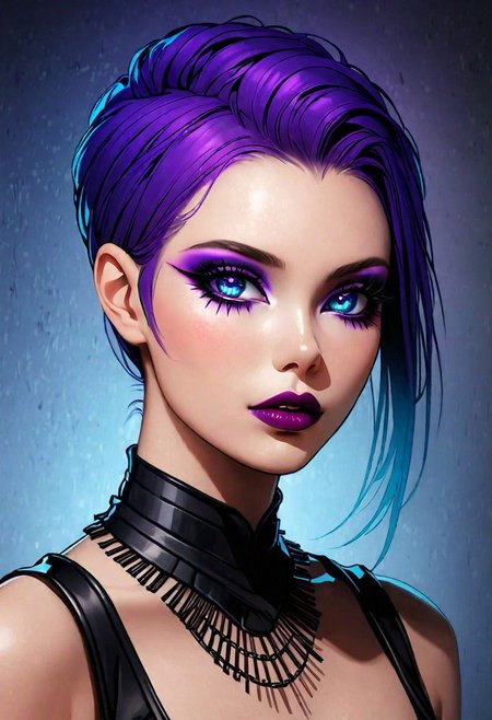 neo noir style portrait of a beautiful woman painted on wall with light, stunning beauty, soft light, pastel colors ,black and purple hair, dark punk, heavy makeup, line art, postmodernism, neo noir,   simple background, glowing lips, lips closed, light smile, masterpiece, natural style,  braided mohawk,, realistic and detailed eyes, beautiful eyes, amazing eyes,kawaii makeup dark makeup, nerd, red glowing lips, bangs,