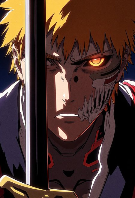 A close-up of Ichigo holding a black katana infront of his face. His blade reflecting light. 
Cinematic lighting, volumetric lighting, 8k quality