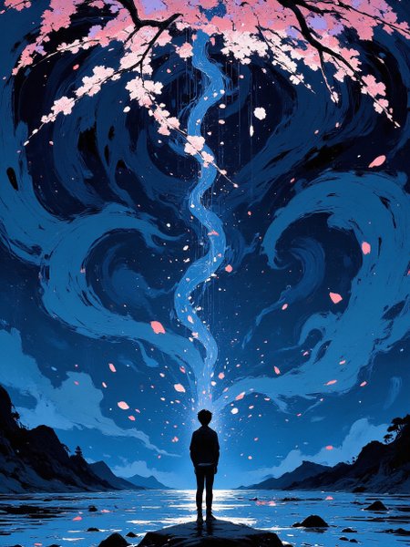 A hyperrealistic illustration comes alive on a swirling canvas of deep indigo, the color of a moonless night. A young man stands under a cherry blossom tree, Bursts of cherry blossom pink and white erupt upward like joyous fireworks, their fluid forms caught mid-dance in a gentle breeze. Each petal trails wisps of light, hinting at their ethereal nature.
Above them, stars appear not as individual points but as shimmering streaks cascading through the darkness. They dance and merge with the falling petals in a mesmerizing celestial rain. The overall effect is one of joyful release, beauty fleeting yet eternally impactful.