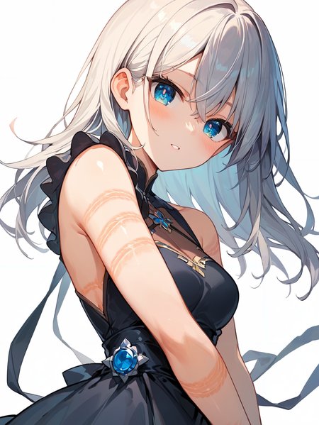 score_9, score_8_up, score_7_up,source_anime, high res image,masterpiece,best quality,(girl:1.0),cute face,clear skin,shiny hair,ultra detailed eyes,simple background,   <lora:rope scars_pony_V2.0:0.8> rope scars,dress
