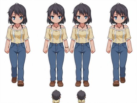score_9, score_8_up, score_7_up, source_anime,
BREAK
<lora:shiSpriteV2:0.9>, spfrt, sprite sheet, multiple views, chibi, full body, 
1girl, standing, walking,  
simple background, white background, 
anime screencap, anime coloring, 
<lora:shiYukSisV1:1> harudef, short hair, black hair, blue eyes, yellow shirt, earrings,jewelry, necklace, blue pants, off shoulder,  jeans, brown footwear, shoes,