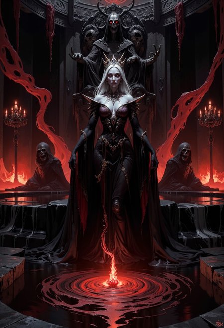 (in Boris Vallejo style:1.4), (masterpiece:1.2) The warlock queen rises slowly from the abyssal pool, her alabaster skin a stark contrast against the inky black liquid that clings to her like a second skin. Her long, silver hair cascades down her back, framing her face, which is marked by a sharp, cruel expression. The throne room is vast and foreboding, bathed in deep shadows, with a grand domed ceiling that disappears into darkness. The black marble floors stretch out beneath her, reflecting the shimmering surface of the pool and the red, glowing sigils that float and twist in the air. Behind her stands an imposing throne, carved from bone and dark metal, shaped into grotesque faces frozen in eternal screams. The walls are adorned with silver candelabras, their red flames flickering, casting a harsh, crimson light on the room's dark corners. Her gown is a masterpiece dark silk, accented with silver threads that shimmer faintly in the dim light. The queen’s gaze is cold, her expression unreadable as she steps from the black pool onto the solid, reflective floor. (red, black, and silver color palette:1.2), (intricate throne room details:1.1), (high resolution:1.2), (best quality:1.1)