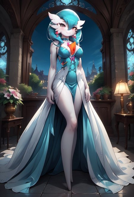 (((gardevoir))), female, anthro, pale white skin,
BREAK, (best quality:1.2),beautiful,perfect eyes,perfect face,1girl, masterpiece, best quality, Gardevoir, solo, <lora:Sotchosis-000018:0.7>, <lyco:GoodHands-beta2:1.0>(masterpiece:1.4), score_9, score_8_up, score_7_up, high detailed, high quality, masterpiece, quality highlights, 8k details, detailed background, source_anime, dynamic view, (ultra detailed), 
BREAK, Gardevoir, breasts, solo, blue_eyes, large_breasts, jewelry, earrings, hair_ornament, looking_at_viewer, long_hair, cleavage, night, white_hair, choker, indoors, bangs, flower, bare_shoulders, smile, dress, hair_ribbon, hair_flower, closed_mouth, blue_dress, window, ribbon, sleeveless, cowboy_shot, night_sky, blush, lamp
Detailed lines in high quality, shining glossy skin, soft lighting, soft skin, realistic skin, blum effect, masterpiece, absolutely eye-catching, oiled, sweaty, sweat drops, sweat, simple background, spotlight, dutch_angle, full body,
BREAK, (Background: dark fantasy , botanical garden:1.2), no humans, anime style