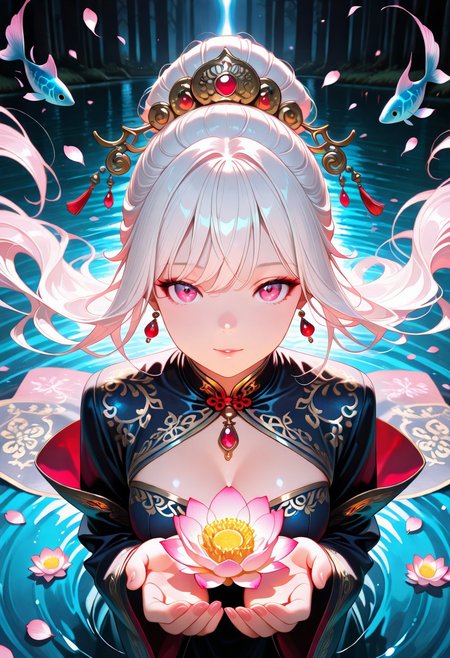 masterpiece, best quality, very aesthetic, absurdres, stylized, newest, depth of field, HDR, high contrast, sharp focus, 8k resolution, digital art, anime style, vibrant colors, photorealistic, smooth gradients, fantasy art style, cinematic lighting, mystical aura, art nouveau inspired, (soft lighting:1.2), (lighting from above:1.2), (scenery), (detailed background design), Anime girl, 1girl, solo (ethnicity:1.2), (detailed clothing:1.2), (accessories:1.1), (facial features:1.3), (expression:1.2),  (body type:1.1), (pose:1.2),  wearing ornate traditional Chinese attire, dark navy blue and crimson red, with intricate gold embroidery, (detailed hair:1.2),  with silver-white hair styled in elaborate updo, (jewelry:1.1) adorned with jewels and gems,  finger on lips in a contemplative pose, centered in the image, looking at viewer, seated, with serene expression, in front of a pond, a blooming lotus flower (detailed petals:1.1) in soft pastel pink and white, (water reflections:1.1), dark background with floating fish,  (water surface:1.2), beautiful digital painting, fantasy style, vibrant colors,  (lighting:1.2), soft lighting, photorealistic style,  (atmospheric details:1.2), subtle smoke and mist, high detail, 8k resolution.