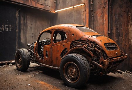 neon-pastel, ascii_art, a 1950s extraordinary Cyber steampunk hotrod, build with Cyborg parts, rust paint peelz, parking in the dimly lit alley outside the bar. Describe the Cyborg-car and the atmosphere surrounding this mysterious moment.
desaturated dark orange colors, metal details, vibrant colors, grain,