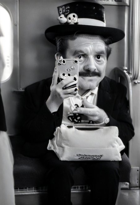 (((black and white, legsonthetra1n, from front, sitting across from viewer, train interior, holding phone, leg focus))),((small man with mustache, top hat, kenbis, chibi, chibi, male only, male, male chibi, monocle, art deco, thick mustache, comically large mustache, handlebar mustache, tiny, multiple men, shrunk, microxl, some little guys,  high angle, from above)), bwMovies, realistic, photo, vintage photo, ((very small man, small man, a small man, a man who is small, a small man)), an unapologetically small human male, black and white, smiling, very happy, euphoric, ecstatic, wonderful small men, large smile, huge smile
