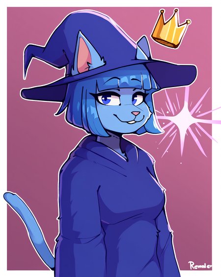 score_9_up, score_8_up, score_7_up, score_6_up, by remanedur, half-length portrait, blue hair, medium breasts, furry female, blue eyes, magic, magic user, casting spell,  female, furry, cat, looking at viewer, blunt bangs, blue robe, witch, blue witch hat, crown, floating crown,  short hair, blue hair, blue body, tail, solo, happy, smile, three-quarter view, head tilt, simple background, white outline, <lora:Leah_Pines(AIM)_XL_v1:0.15> <lora:PDXL_artist_tags_v2_big:0.5> <lora:The-Minuscule-Task_PDXL_v1.0:0.6>   <lora:Cat_Witch_smekbo:0.9>