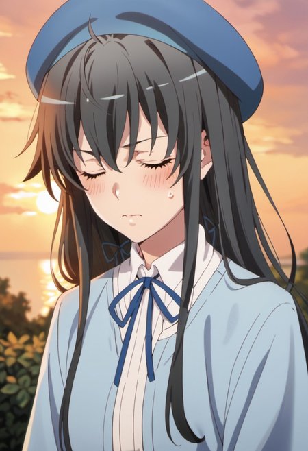 score_9, score_8_up, score_7_up, source_anime, yukinoshita yukino, long hair, black hair, blue eyes, 1girl, closed eyes, hat, solo, blush, sweatdrop, beret, neck ribbon, sunset, ribbon