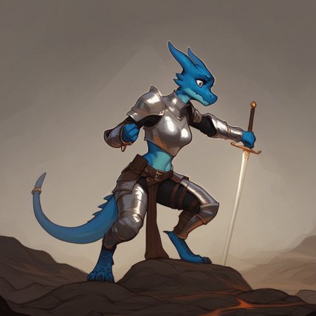 score_9, score_8_up, score_7_up, score_6_up, source_cartoon, black outlines, 1girl, solo, full body, profile, in a cave, blue Kobold, furry dragon, tail, short stature, short, medium breasts, scales, scaly skin, knight armor,  road sword, leather utility belt, bracelets, anklets, cute face, pale blue skin, fighting stance, worried look on face