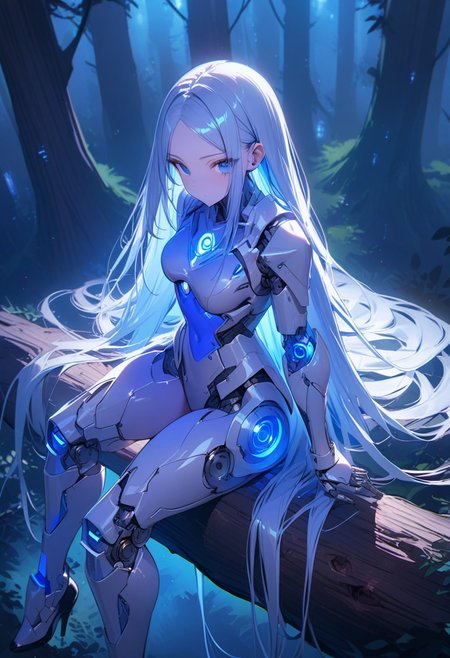 ((masterpiece), (best quality), (ultra-detailed), 
illustration, 3DMM,
1woman, deep blue eyes, blue hair , very long hair, forehead, black footwear, high heels, sitting, looking at viewer, trees, sitting on log, night sky, stars, forest, futuristic,  hand prosthesis, scifi , lrg prosthesis, glossy, armor, cyborg,  perfect body, silver and blue glow,  mechanical joints, 
 ,blue neon, prostheses, cyber prostheses, tilted back )