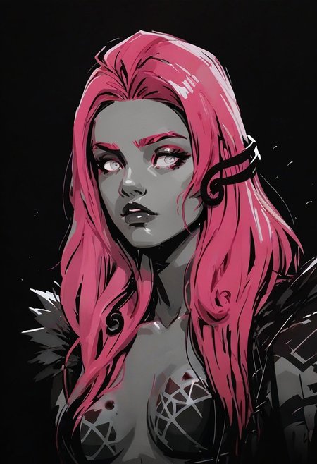 safe_pos, score_9, score_8_up, score_7_up, source_anime, BREAK, (123, medium breasts, human, LOR), coacalina, colourful, 

lilithsmtvv, pink hair, long hair, hair ornament, pink eyes, colored skin, lipstick, makeup, black wings, full-body tattoo,

<lora:Navi_WrathStrokes_PonyXL_S1:1> red sketch, monochrome, black background, black theme