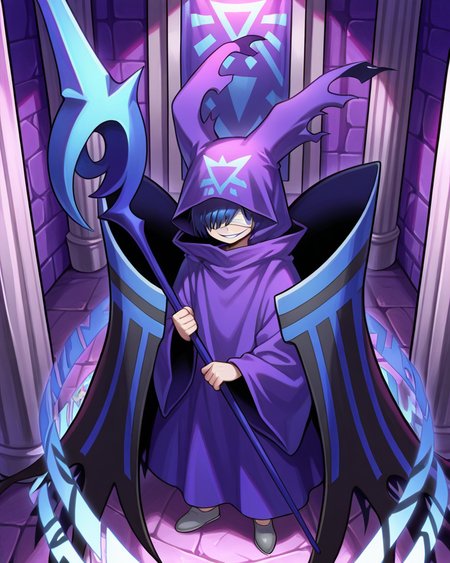 amazing quality, absurd, newest, <lora:noobai_vpred_1_masterpieces_v23:0.8> , masterpiece, best quality, very aesthetic, detailed background,  looking at viewer,  <lora:HectorIL:0.9> , hecdef, 1boy, blue hair, hair over eyes, white blindfold, hood up, animal ear hood, crest, robe, black wings, blue stripes, grey shoes, runes, holding staff, blue staff, evil grin, interior, sanctuary, evil temple, ominous, (cowboy shot), from above, solo,