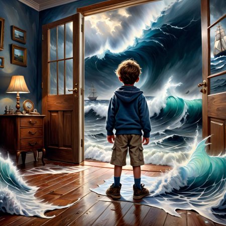 create an illustration with oil paints. a small child stands wide-eyed, in awe, in his room that has suddenly turned into a vast ocean. The walls of his room are open, revealing a surging seascape with sailing ships battling the storm. sea water partially enters the room. high detail. HDR. dynamic lighting. dramatic