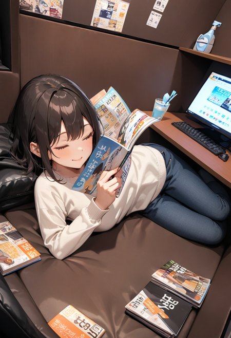 masterpiece, best quality, very aesthetic, absurdres,
necafe, scenery, 1girl, indoors, smile, black hair, book, shirt, lying, closed eyes, shirt, magazine (object), socks, holding, solo, denim, computer, jeans, desk
 <lora:netcafe_SDXL_V1:1>